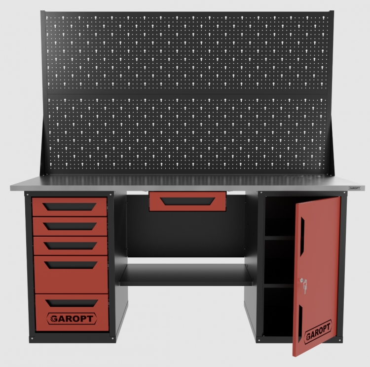 Верстак двухтумбовый дверь/5 ящиков с двумя экранами и ящиком, красный 1800*700 Garopt, GT1800DY1Y5PP2.red