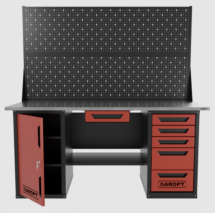 Верстак двухтумбовый дверь/5 ящиков с двумя экранами и ящиком, красный 1800*700 Garopt, GT1800DY1Y5PP2.red