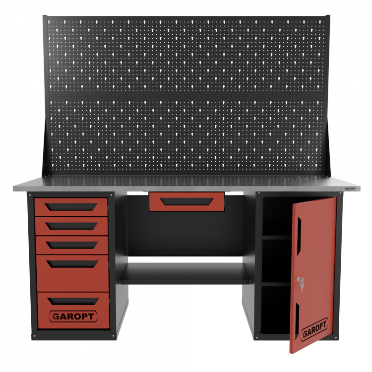 Верстак двухтумбовый дверь/5 ящиков с двумя экранами и ящиком, красный 1800*700 Garopt, GT1800DY1Y5PP2.red