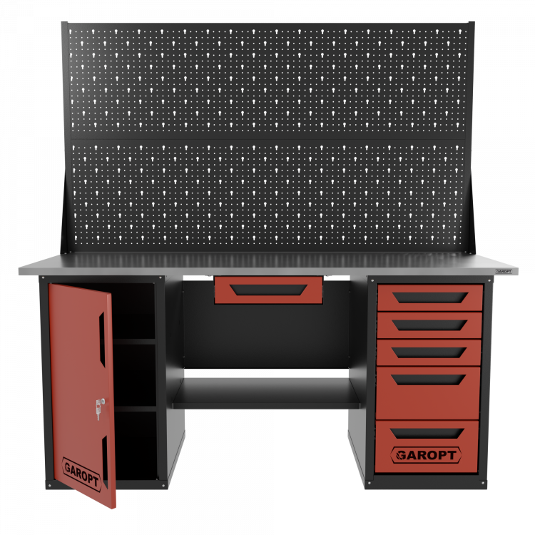 Верстак двухтумбовый дверь/5 ящиков с двумя экранами и ящиком, красный 1800*700 Garopt, GT1800DY1Y5PP2.red