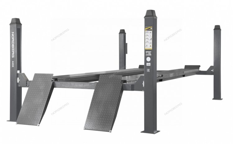 Подъемник четырехстоечный 5 т, без траверсы, для сход-развала, электростопоры, серый Подъемник четырехстоечный 5 т, без траверсы, для сход-развала, электростопоры, серый