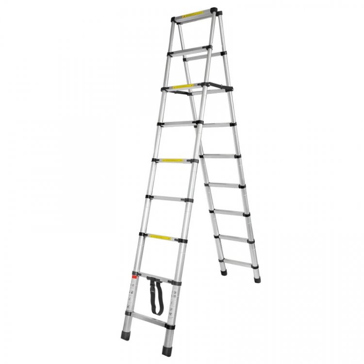 Лестница телескопическая двухсекционная (0.7-2.6+2.6м,8+8ступенек, max нагрузка 150кг, вес 12,6кг)