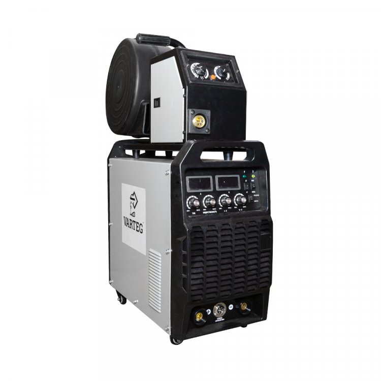 Сварочный полуавтомат VARTEG 501 DUO - Индустриальный 500А полуавтомат 2-в-1. Сварочный ток 40-500А. Смена полярности. Сварка в MMA и FCAW. Работа от сети 380В±15%. ПВ: 80%. Регулировка индуктивности. Протяжка проволоки. Диаметр сварочной проволоки: