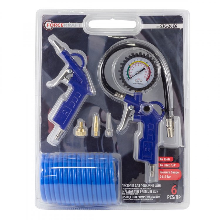 Пистолет для подкачки шин с манометром в комплекте с пистолетом обдувочным и шлангом(0-8.5 Bar,шланг 5м),в блистере Пистолет для подкачки шин с манометром в комплекте с пистолетом обдувочным и шлангом(0-8.5 Bar,шланг 5м),в блистере