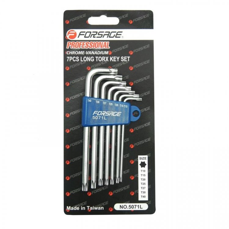 Набор ключей TORX Г-образных длинных, 7пр.(Т10,Т15,Т20,Т25,Т27,Т30,Т40) в пластиковом держателе