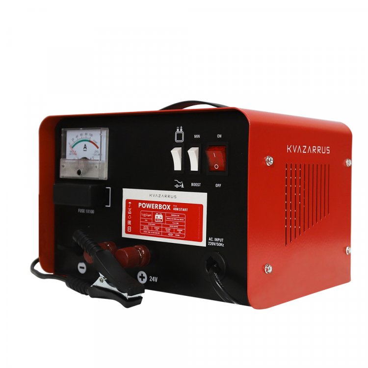 Пуско-зарядное устройство KVAZARRUS PowerBox 40M START - Напряж. питан. - 220В/50Гц, потреб.ток-5А, Заряж.аккум 12/24В, АЧ 50-300, ток заряд 22А-28А, напряж.заряда 12/24: 14.5-14.8/29-29.6, ток запуска 12/24 - 180В, защита от перегрева, темп.-20С - +