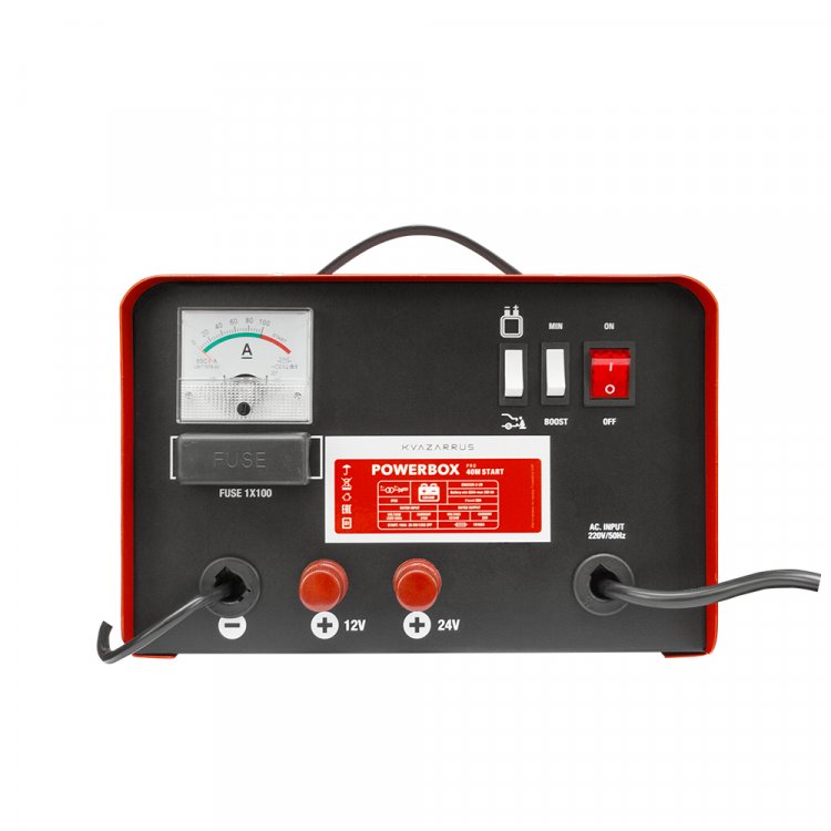 Пуско-зарядное устройство KVAZARRUS PowerBox 40M START - Напряж. питан. - 220В/50Гц, потреб.ток-5А, Заряж.аккум 12/24В, АЧ 50-300, ток заряд 22А-28А, напряж.заряда 12/24: 14.5-14.8/29-29.6, ток запуска 12/24 - 180В, защита от перегрева, темп.-20С - +