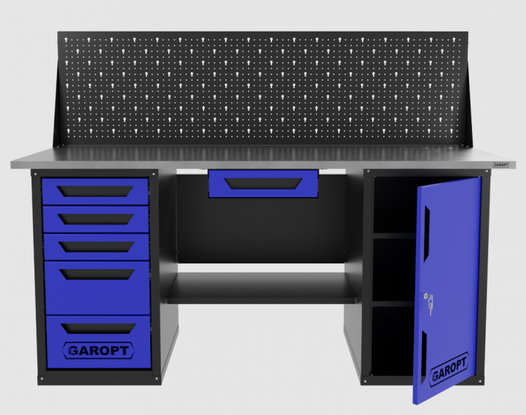 Верстак двухтумбовый дверь/5 ящиков с экраном и ящиком, синий 1800*700 Garopt, GT1800DY1Y5PP.blue Верстак двухтумбовый дверь/5 ящиков с экраном и ящиком, синий 1800*700 Garopt, GT1800DY1Y5PP.blue