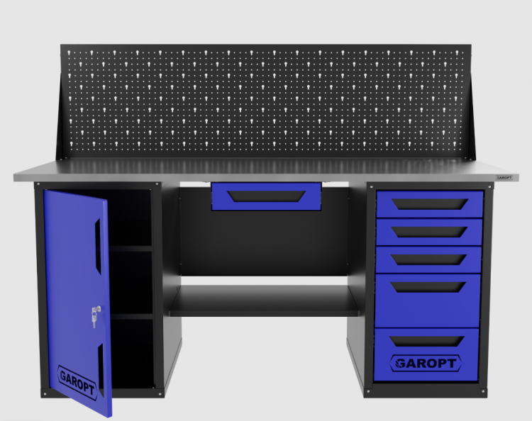 Верстак двухтумбовый дверь/5 ящиков с экраном и ящиком, синий 1800*700 Garopt, GT1800DY1Y5PP.blue Верстак двухтумбовый дверь/5 ящиков с экраном и ящиком, синий 1800*700 Garopt, GT1800DY1Y5PP.blue