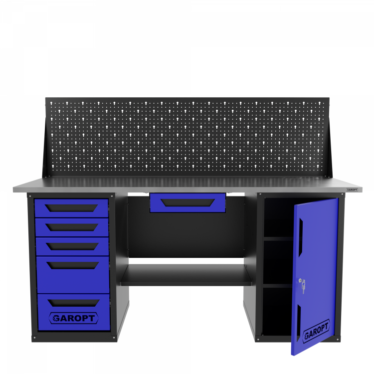 Верстак двухтумбовый дверь/5 ящиков с экраном и ящиком, синий 1800*700 Garopt, GT1800DY1Y5PP.blue