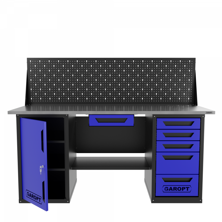 Верстак двухтумбовый дверь/5 ящиков с экраном и ящиком, синий 1800*700 Garopt, GT1800DY1Y5PP.blue
