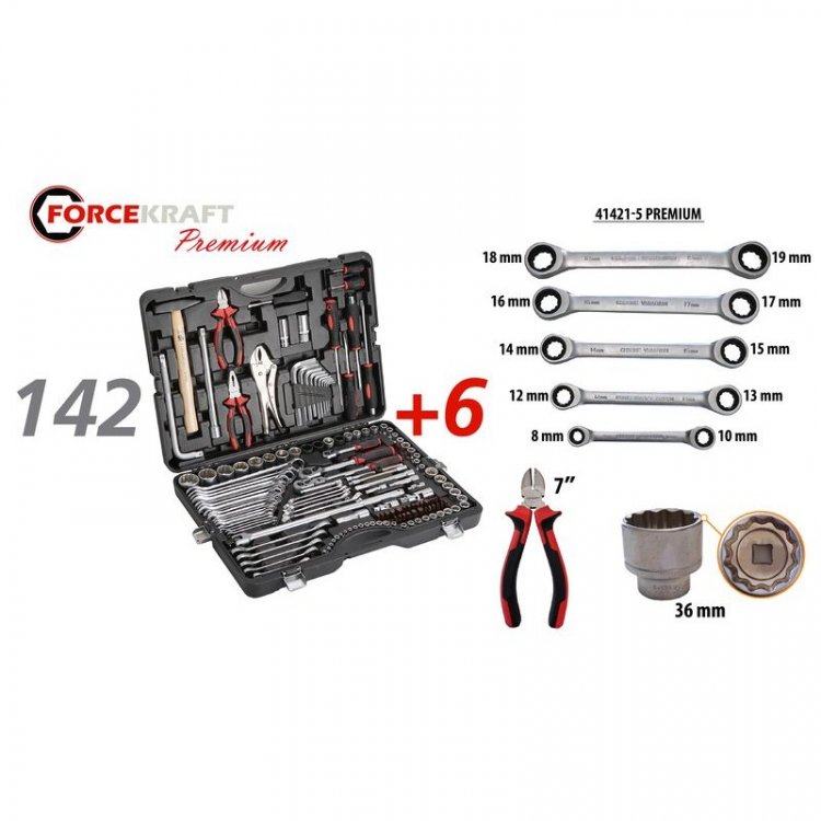Набор инструментов 142+6пр. 1/4''3/8''1/2''(6-гран.)(4-36мм, 27,30,32,36-12гр.)+(ключи трещоточные:8х10,12х13,14х15,16х17,18х19мм, бокорезы-7'') Набор инструментов 142+6пр. 1/4''3/8''1/2''(6-гран.)(4-36мм, 27,30,32,36-12гр.)+(ключи трещоточные:8х10,12х13,14х15,16х17,18х19мм, бокорезы-7'')