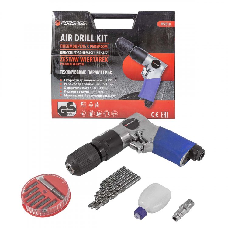 Пневмодрель с реверсом, набором бит и сверл 20пр(патрон:1-10мм,2200об/мин,6.3Bar,штуцер 1/4")