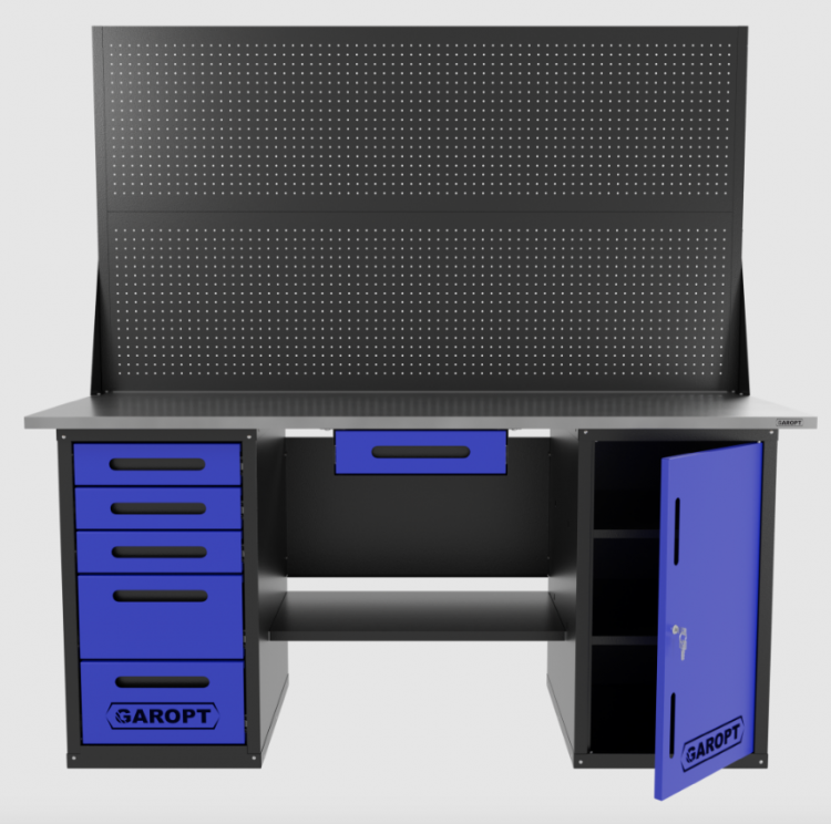 Верстак двухтумбовый дверь/5 ящиков с двумя экранами и ящиком, синий 1800*700 Garopt, GT1800DY1Y5PP2.blue Верстак двухтумбовый дверь/5 ящиков с двумя экранами и ящиком, синий 1800*700 Garopt, GT1800DY1Y5PP2.blue