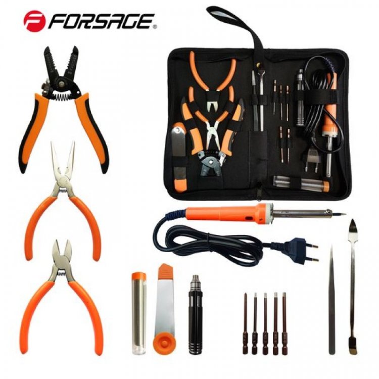 Паяльник электрич.-й с набором инструментов и аксессуаров 14пр.(220V,50Hz,60W,пинцет-2шт,кусачки,утконосы,отвертка6пр,съемник изол.,расходники)в сумке