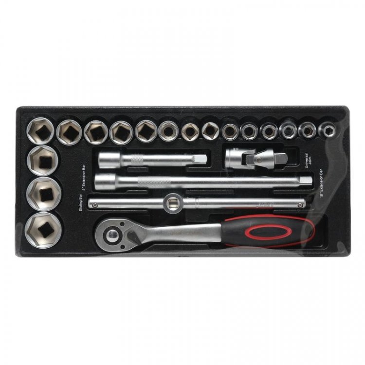 Набор инструментов 1/2"6гр.(8-32мм, трещотка 72зуб.,вороток 250мм, удлинители 125-250мм,кардан шарнирный) 22пр., в лотке Набор инструментов 1/2"6гр.(8-32мм, трещотка 72зуб.,вороток 250мм, удлинители 125-250мм,кардан шарнирный) 22пр., в лотке