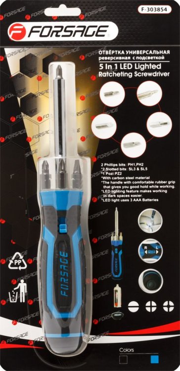 Отвертка универсальная реверсивная с подсветкой 4LED и комплектом бит, L-250мм (PH1, PH2, PZ2, SL5, SL6), в блистере