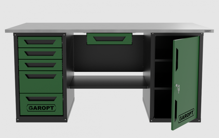 Верстак с ящиком двухтумбовый дверь/5 ящиков, зеленый 1800*700 Garopt, GT1800DY1Y5.green