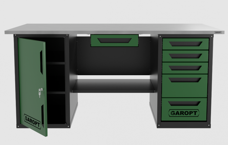Верстак с ящиком двухтумбовый дверь/5 ящиков, зеленый 1800*700 Garopt, GT1800DY1Y5.green