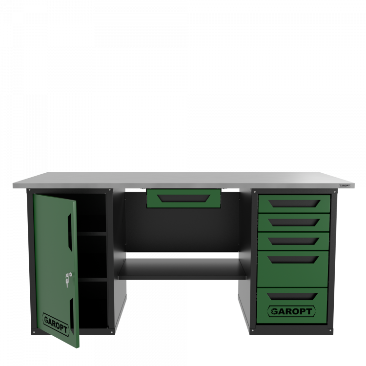 Верстак с ящиком двухтумбовый дверь/5 ящиков, зеленый 1800*700 Garopt, GT1800DY1Y5.green
