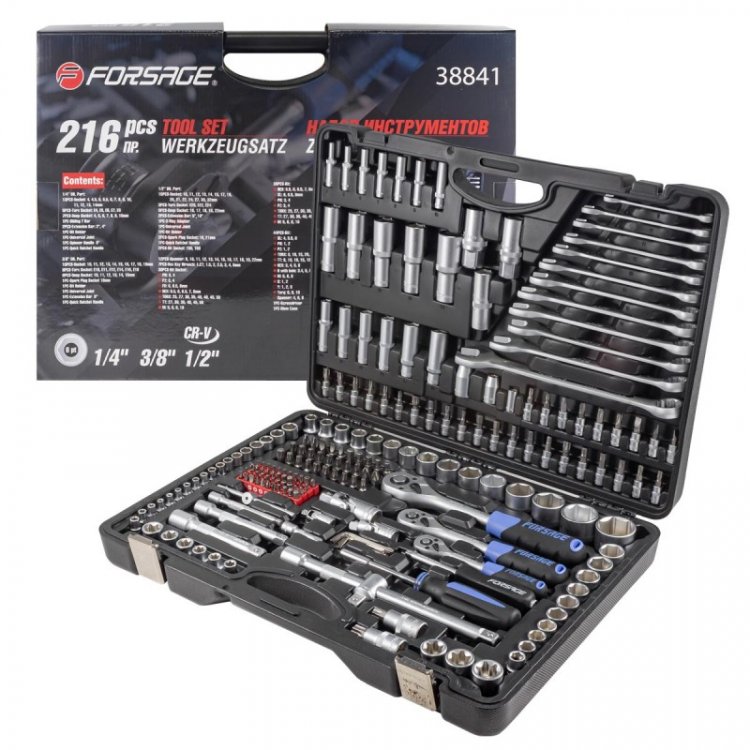Набор инструментов 216пр. 1/4", 3/8", 1/2" трещотка с улучшенным силовым механизмом (6гр.)(4-32мм)