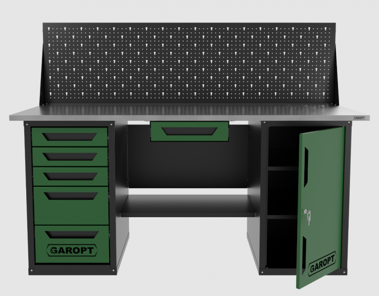 Верстак двухтумбовый дверь/5 ящиков с экраном и ящиком, зеленый 1800*700 Garopt, GT1800DY1Y5PP.green