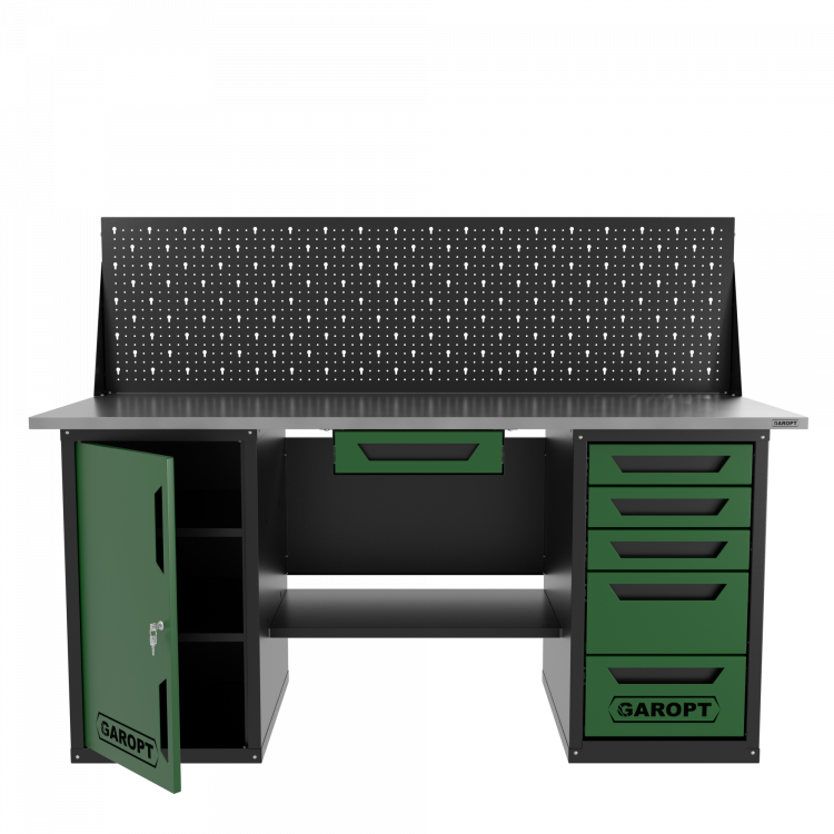 Верстак двухтумбовый дверь/5 ящиков с экраном и ящиком, зеленый 1800*700 Garopt, GT1800DY1Y5PP.green