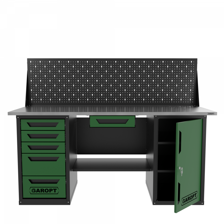 Верстак двухтумбовый дверь/5 ящиков с экраном и ящиком, зеленый 1800*700 Garopt, GT1800DY1Y5PP.green