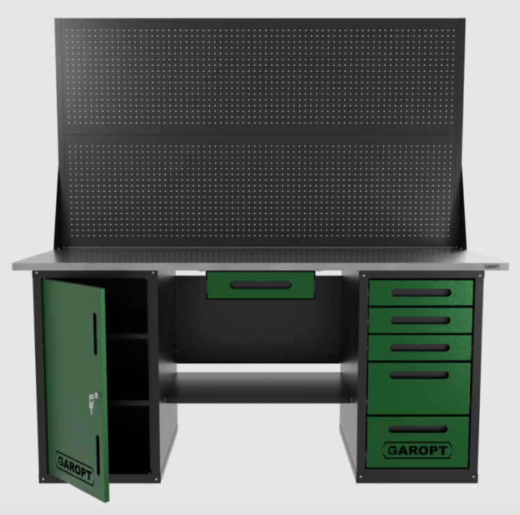 Верстак двухтумбовый дверь/5 ящиков с двумя экранами и ящиком, зеленый 1800*700 Garopt, GT1800DY1Y5PP2.green Верстак двухтумбовый дверь/5 ящиков с двумя экранами и ящиком, зеленый 1800*700 Garopt, GT1800DY1Y5PP2.green