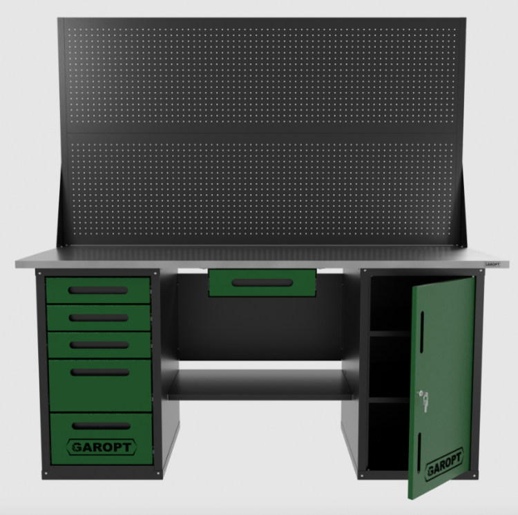 Верстак двухтумбовый дверь/5 ящиков с двумя экранами и ящиком, зеленый 1800*700 Garopt, GT1800DY1Y5PP2.green Верстак двухтумбовый дверь/5 ящиков с двумя экранами и ящиком, зеленый 1800*700 Garopt, GT1800DY1Y5PP2.green