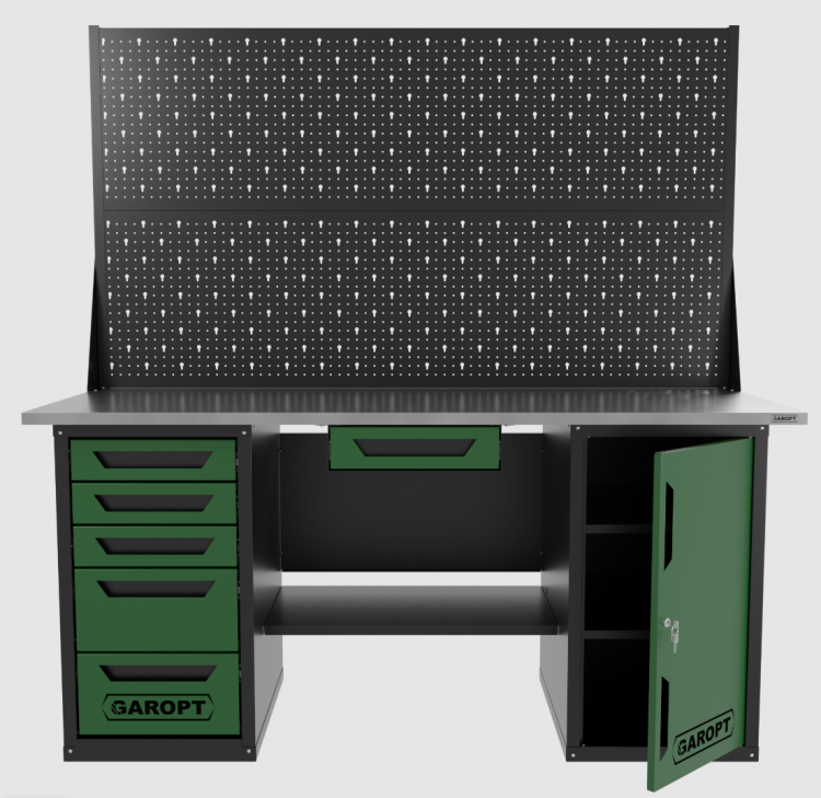 Верстак двухтумбовый дверь/5 ящиков с двумя экранами и ящиком, зеленый 1800*700 Garopt, GT1800DY1Y5PP2.green