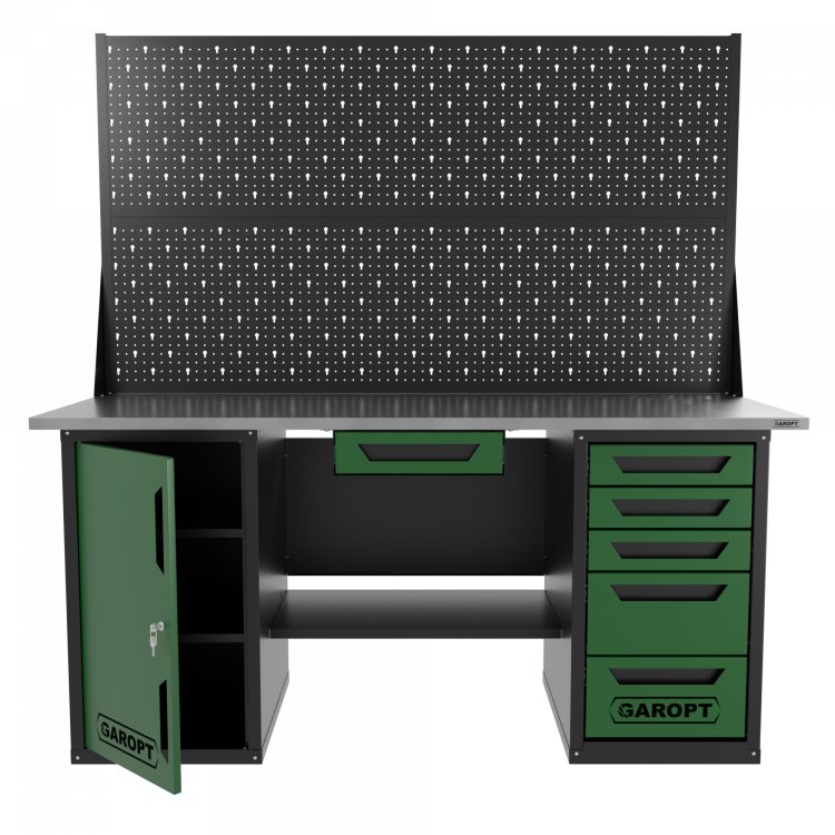 Верстак двухтумбовый дверь/5 ящиков с двумя экранами и ящиком, зеленый 1800*700 Garopt, GT1800DY1Y5PP2.green