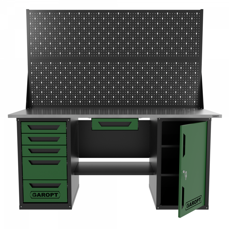Верстак двухтумбовый дверь/5 ящиков с двумя экранами и ящиком, зеленый 1800*700 Garopt, GT1800DY1Y5PP2.green