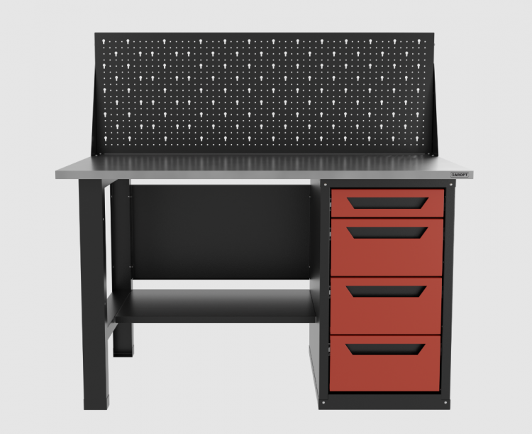 Верстак однотумбовый 4 ящика с экраном красный1400*700 Garopt, GT1400STY4PP.red