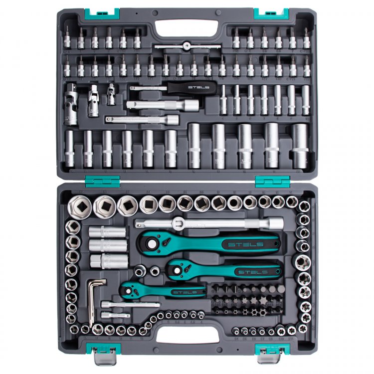 Набор инструментов 1/4", 3/8", 1/2", CrV, S2, усиленный кейс, 151 предм, Stels Набор инструментов 1/4", 3/8", 1/2", CrV, S2, усиленный кейс, 151 предм, Stels