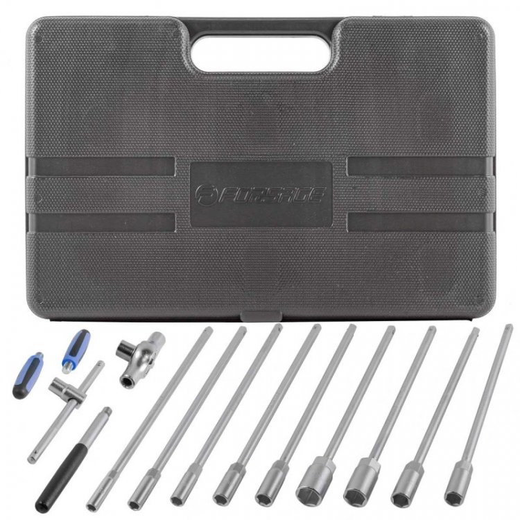 Набор ключей торцевых удлиненных с Т-образной трещоткой и воротком 15 пр.(L-290мм; 8-14,17,19мм)