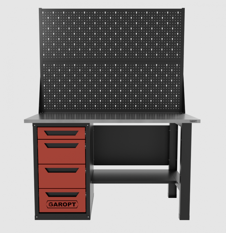 Верстак однотумбовый 4 ящика с двумя экранами, красный 1400*700 Garopt, GT1400STY4PP2.red