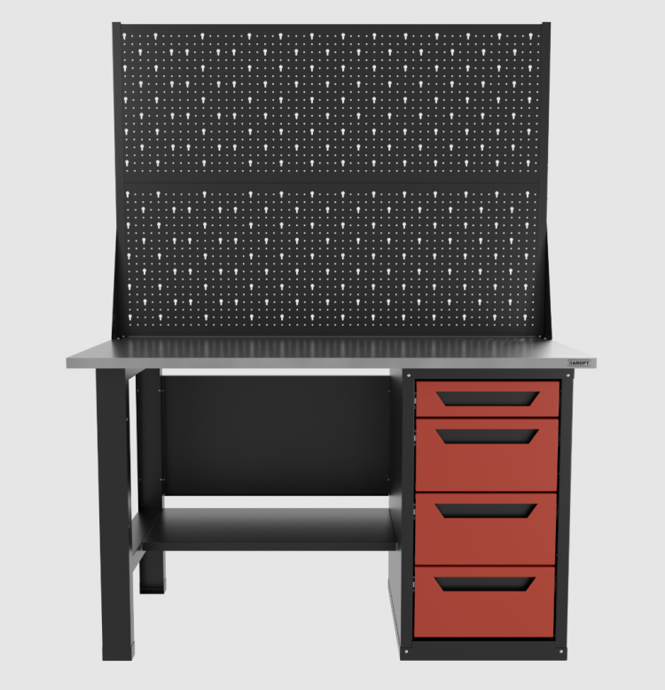 Верстак однотумбовый 4 ящика с двумя экранами, красный 1400*700 Garopt, GT1400STY4PP2.red