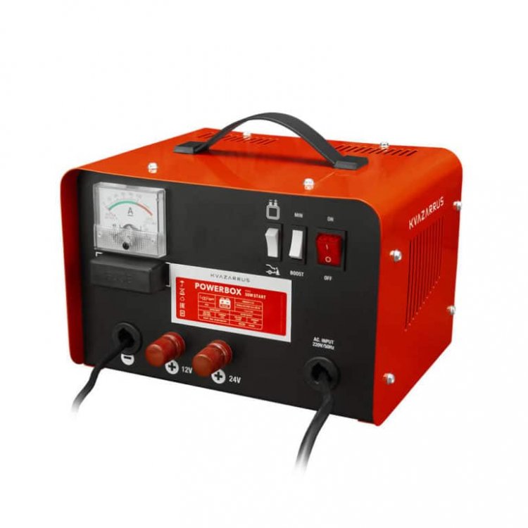 Пуско-зарядное устройство KVAZARRUS PowerBox 50M START - Напряж. питан. - 220В/50Гц, потреб.ток-5А, Заряж.аккум 12/24В, АЧ 50-400, ток заряд 28А-32А, напряж.заряда 12/24: 14.5-14.8/29-29.6, ток запуска 12/24 - 190В, защита от перегрева, темп.-20С - +
