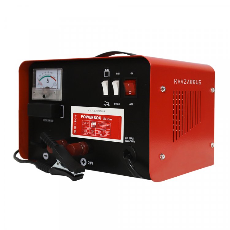 Пуско-зарядное устройство KVAZARRUS PowerBox 50M START - Напряж. питан. - 220В/50Гц, потреб.ток-5А, Заряж.аккум 12/24В, АЧ 50-400, ток заряд 28А-32А, напряж.заряда 12/24: 14.5-14.8/29-29.6, ток запуска 12/24 - 190В, защита от перегрева, темп.-20С - +
