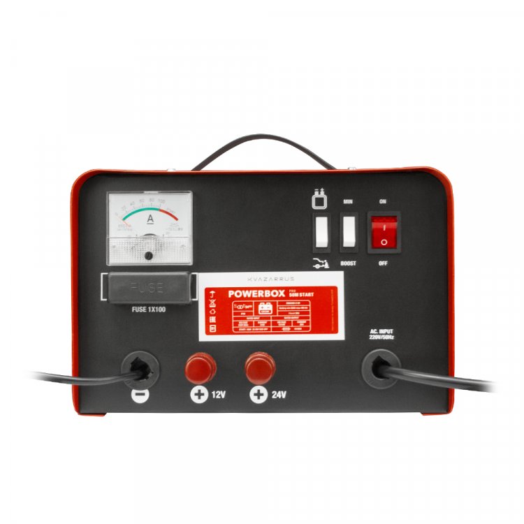 Пуско-зарядное устройство KVAZARRUS PowerBox 50M START - Напряж. питан. - 220В/50Гц, потреб.ток-5А, Заряж.аккум 12/24В, АЧ 50-400, ток заряд 28А-32А, напряж.заряда 12/24: 14.5-14.8/29-29.6, ток запуска 12/24 - 190В, защита от перегрева, темп.-20С - +