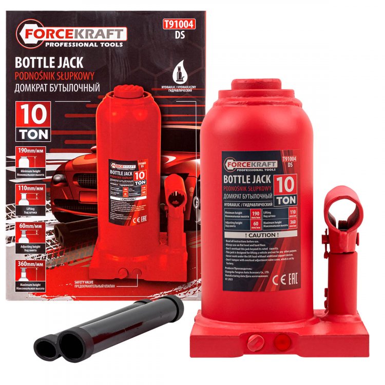 Домкрат гидравлический бутылочный, 10т (с предохранительным клапаном, минимальная высота: 190 мм, ход штока: 110 мм, ход винта: 60 мм, максимальная вы Домкрат гидравлический бутылочный, 10т (с предохранительным клапаном, минимальная высота: 190 мм, ход штока: 110 мм, ход винта: 60 мм, максимальная вы