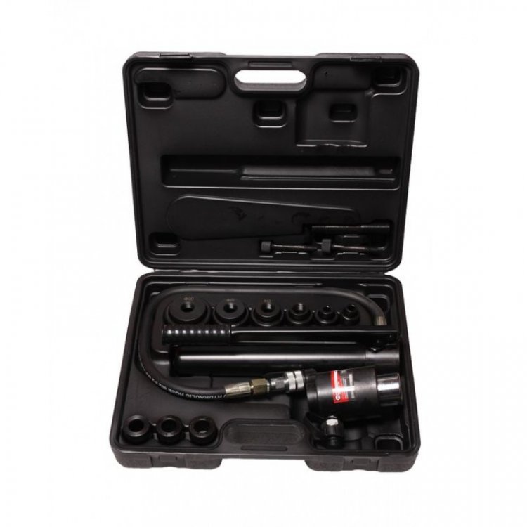 Пробойник гидравлический с насосом 11т (Ø22, 27.5, 34, 43, 49, 60мм; сталь нерж.-1.6мм; медь/алюм.-3.2мм,ход штока-22мм), в кейсе