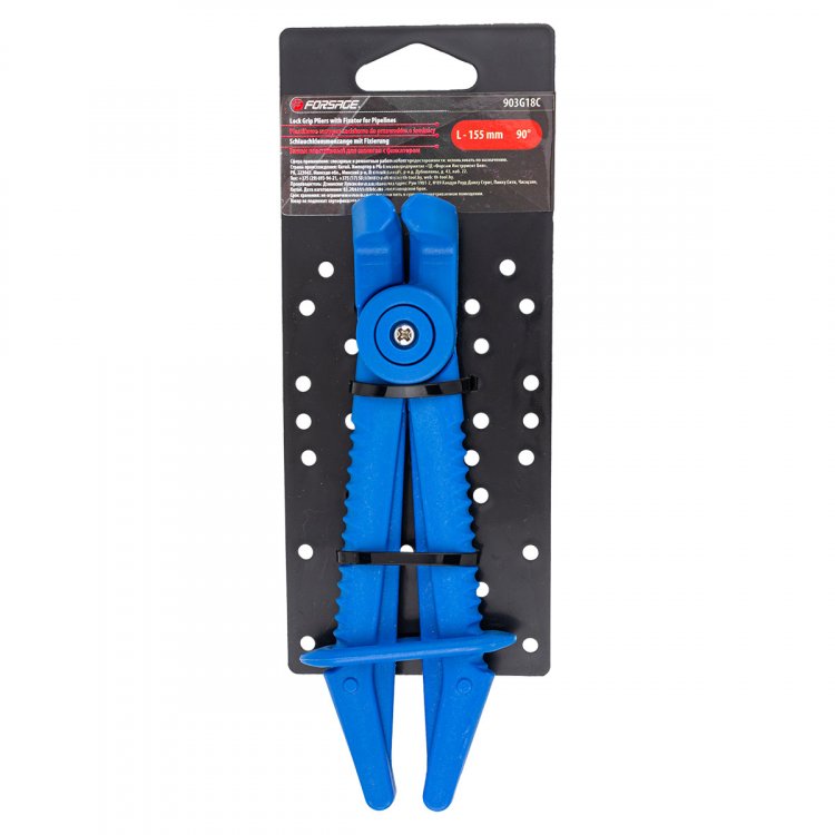 Зажим пластиковый для шлангов с фиксатором изогнутый 90°(L-155мм), на пластиковом держателе