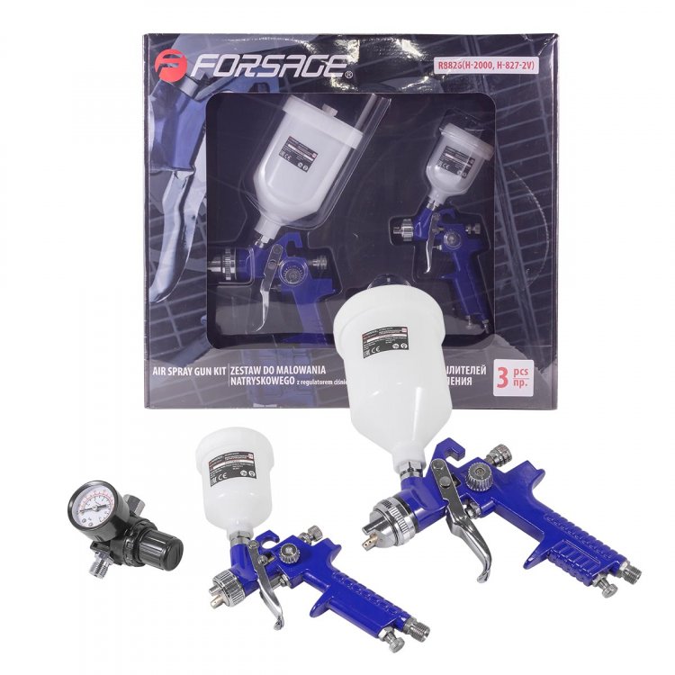 Набор покрасочный R8826 3пр.: краскораспылитель с верхним бачком H-2000, краскораспылитель с верхним бачком H-827-2V в комплекте с регулятором давлени