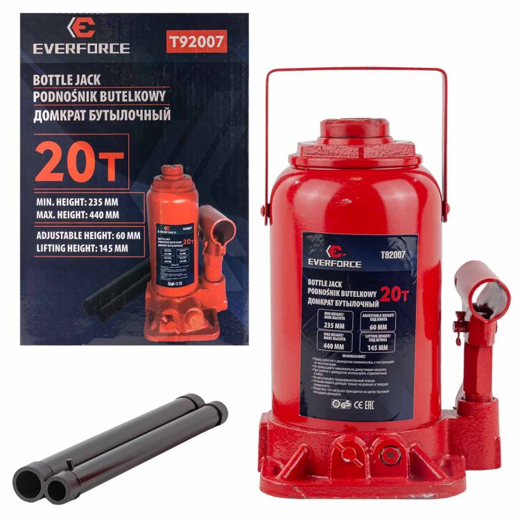 Домкрат бутылочный гидравлический с клапаном 20т(h min 235мм, h max 440мм, ход штока-145мм, ход винта-60мм)