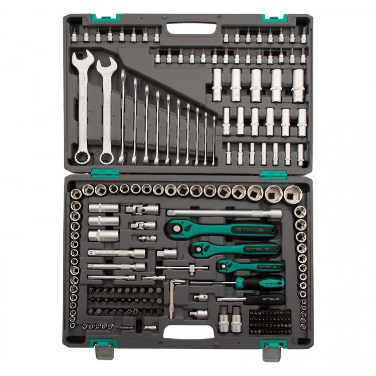 Набор инструментов 1/4", 3/8", 1/2", CrV, S2, усиленный кейс, 216 предм, Stels Набор инструментов 1/4", 3/8", 1/2", CrV, S2, усиленный кейс, 216 предм, Stels