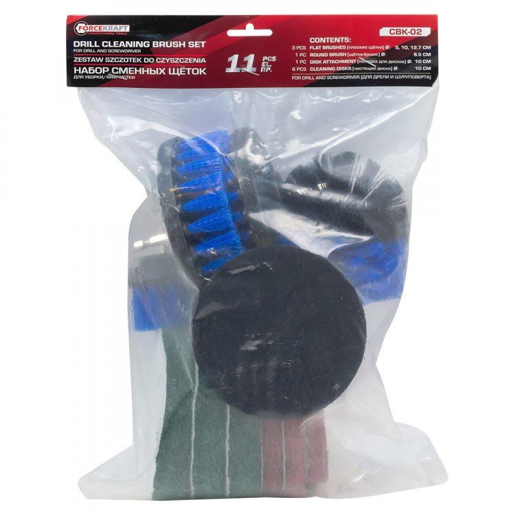 Набор сменных щеток для уборки/химчистки под шуруповерт 11пр: кругл.90х75мм;плоск.50х25мм,100х25мм,120х25мм;насадка под диски 100мм;диски 100мм 6шт