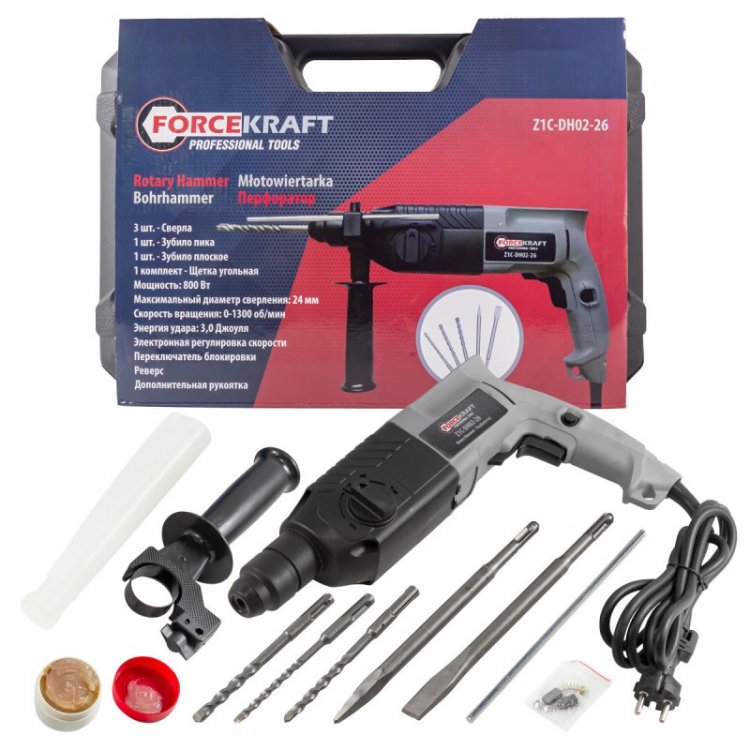 Перфоратор электрический(сверла 5,7,8х140мм;зубило плоское20х220мм,пика;уголь-е щетки;220V;50/60Гц;800W;0-1300 об/мин;2.8Дж,maxØ сверл.-24мм)в кейсе