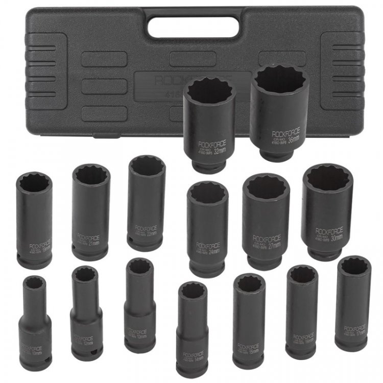 Набор головок ударных глубоких 15пр.,1/2" 12гр.(10,12-17,19,21,22,24,27,30,32,36мм), в пластиковом кейсе